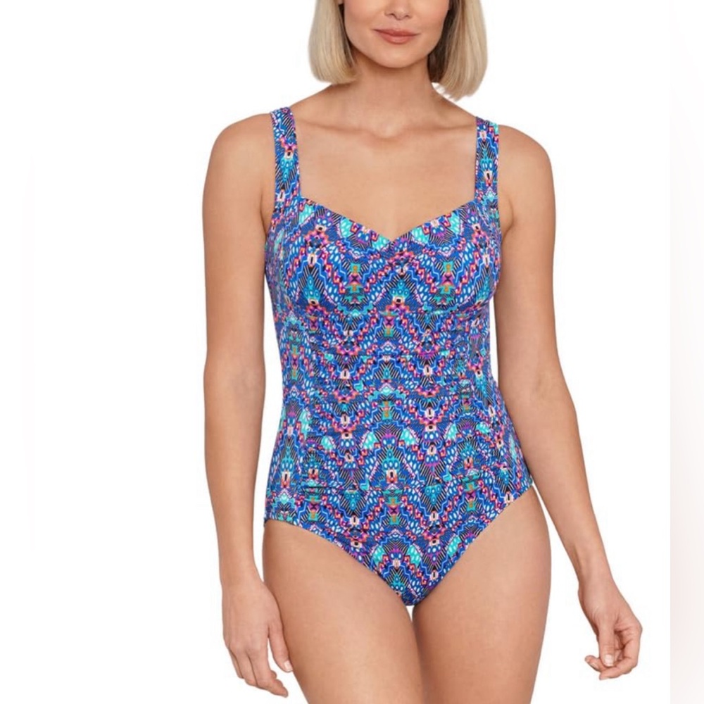 Swim Solutions Women's Tummy-Control Shirred One-Piece Swimsuit (Navy Multi, 12)